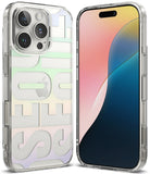 iPhone 16 Pro Case | Fusion Design - Clear phone case with pastel gradient typography over the back and a front view.