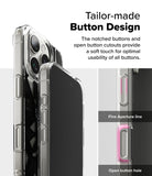 iPhone 16 Pro Case | Fusion Design - Close-up of clear phone case buttons with notched and open cutouts for tactile usability.