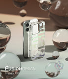 iPhone 16 Pro Case | Fusion Design - Clear phone case with gradient typography standing next to an iPhone 16 Pro amidst glass spheres.