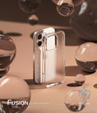 iPhone 16 Pro Case | Fusion Matte - Clear phone case standing next to an iPhone 16 Pro amidst floating glass spheres.