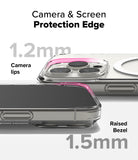 iPhone 16 Pro Case | Fusion Magnetic - Clear case showing 1.2mm camera lips and 1.5mm raised screen bezel protection.
