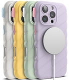 iPhone 16 Pro Case | Macaron Silicone Magnetic - Four pastel-colored, quilted silicone iPhone cases with MagSafe chargers.