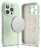 iPhone 16 Pro Case | Macaron Silicone Magnetic - Mint green silicone iPhone case with MagSafe charger and interior.