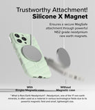 iPhone 16 Pro Case | Macaron Silicone Magnetic - A light green quilted phone case securely attached to a magnetic charger.