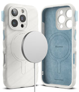 iPhone 16 Pro Case | Macaron Silicone Magnetic - White silicone case with blue interior and magnetic charging disc.
