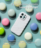 iPhone 16 Pro Case | Macaron Silicone Magnetic - White quilted silicone phone case surrounded by colorful macarons.