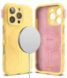 iPhone 16 Pro Case | Macaron Silicone Magnetic - Yellow wavy silicone case with magnetic charger and pink interior.