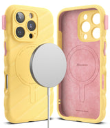 iPhone 16 Pro Case | Macaron Silicone Magnetic - Yellow wavy silicone case with magnetic charger and pink interior.