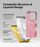 iPhone 16 Pro Case | Macaron Silicone Magnetic - Exploded view of a phone case showing suede, PC, magnet, and silicone layers.
