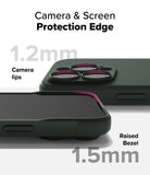 iPhone 16 Pro Case | Onyx - Close-up of phone case showing 1.2mm camera lips and 1.5mm raised screen bezel for protection.