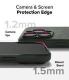 iPhone 16 Pro Case | Onyx - Close-up of phone case showing 1.2mm camera lips and 1.5mm raised screen bezel for protection.
