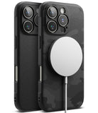 iPhone 16 Pro Case | Onyx Magnetic - Two black textured cases with camera cutouts, one featuring a white magnetic charger.