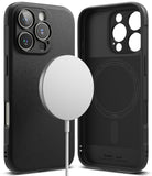 iPhone 16 Pro Case | Onyx Magnetic - Black textured phone case with magnetic charger and interior view showing branding.
