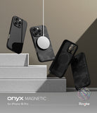 iPhone 16 Pro Case | Onyx Magnetic - Four black Onyx magnetic phone cases floating above stone steps with a MagSafe charger.