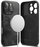 iPhone 16 Pro Case | Onyx Magnetic - Black textured camo phone case shown from back and inside with a magnetic charger.