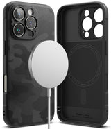 iPhone 16 Pro Case | Onyx Magnetic - Black textured camo phone case shown from back and inside with a magnetic charger.