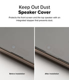 iPhone 16 Pro Screen Protector | Easy Slide Privacy Tempered Glass - iPhone 16 Pro Screen Protector - Comparison showing the speaker area before and after installing the dust-proof cover.