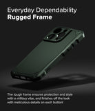 iPhone 16 Pro Case | Rugged Gear - Dark green rugged phone case floating against a dark background with detailed side buttons.