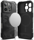 iPhone 16 Pro Case | Rugged Gear Magnetic - Black rugged phone case with magnetic charger, shown from front and back views.
