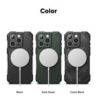 iPhone 16 Pro Case | Rugged Gear Magnetic - Three rugged phone cases in black, dark green, and camo black with MagSafe.