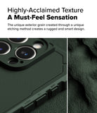 iPhone 16 Pro Case | Rugged Gear Magnetic - Close-up of a dark green phone case showing textured grain and side buttons.