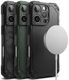 iPhone 16 Pro Case | Rugged Gear Magnetic - Three rugged iPhone 16 Pro cases in black and green with a magnetic charger.