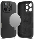iPhone 16 Pro Case | Silicone Magnetic - Black silicone case for iPhone 16 Pro with magnetic charger and interior branding.