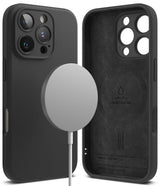 iPhone 16 Pro Case | Silicone Magnetic - Black silicone case for iPhone 16 Pro with magnetic charger and interior branding.