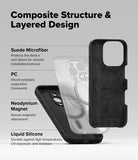 iPhone 16 Pro Case | Silicone Magnetic - Exploded view showing layered silicone, magnet, PC, and suede case structure.