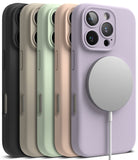 iPhone 16 Pro Case | Silicone Magnetic - Five iPhone 16 Pro silicone cases in various colors with a magnetic charger attached.
