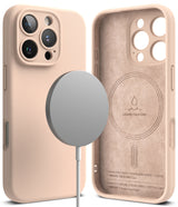 iPhone 16 Pro Case | Silicone Magnetic - Beige silicone case with magnetic charger and suede-lined interior view.