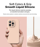 iPhone 16 Pro Max Case | Silicone Magnetic - Hand holding a smooth beige silicone phone case next to liquid silicone.