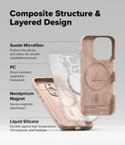 iPhone 16 Pro Case | Silicone Magnetic - Exploded view showing suede, PC, magnet, and liquid silicone layers of the case.