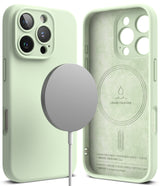 iPhone 16 Pro Case | Silicone Magnetic - Mint green iPhone 16 Pro case with magnetic charger and suede-lined interior.