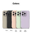 iPhone 16 Pro Case | Silicone Magnetic - Five iPhone 16 Pro cases in stone, black, pink sand, soft mint, and light purple.