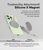 iPhone 16 Pro Case | Silicone Magnetic - A light green phone case with a magnetic charger attached versus a falling one.