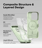 iPhone 16 Pro Case | Silicone Magnetic - Exploded view showing suede, PC, magnet, and silicone layers of the phone case.