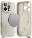 iPhone 16 Pro Case | Silicone Magnetic - Beige silicone case with MagSafe charger and suede-lined interior with branding.