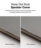 iPhone 16 Pro Screen Protector | Easy Slide Tempered Glass - iPhone 16 Pro Screen Protector - Comparison showing the phone speaker before and after installing a dust-proof screen cover.