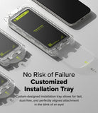 iPhone 16 Pro Screen Protector | Easy Slide Tempered Glass - iPhone 16 Pro Screen Protector - Clear installation tray with a slide-on tempered glass film next to a smartphone.