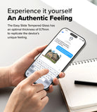 iPhone 16 Pro Screen Protector | Easy Slide Tempered Glass - iPhone 16 Pro Screen Protector - Hands holding an iPhone 16 Pro with tempered glass, displaying a text message conversation.