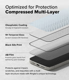 iPhone 16 Pro Screen Protector | Easy Slide Tempered Glass - iPhone 16 Pro Screen Protector - Exploded view showing four layers of screen protector material above an iPhone 16 Pro.