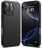 iPhone 16 Pro Case | Onyx - Front and back view of a black textured phone case on an iPhone 16 Pro.