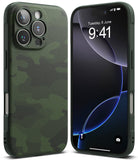 iPhone 16 Pro Case | Onyx - Green camouflage textured phone case shown from back and front views on an iPhone 16 Pro.
