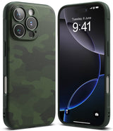 iPhone 16 Pro Case | Onyx - Green camouflage textured phone case shown from back and front views on an iPhone 16 Pro.