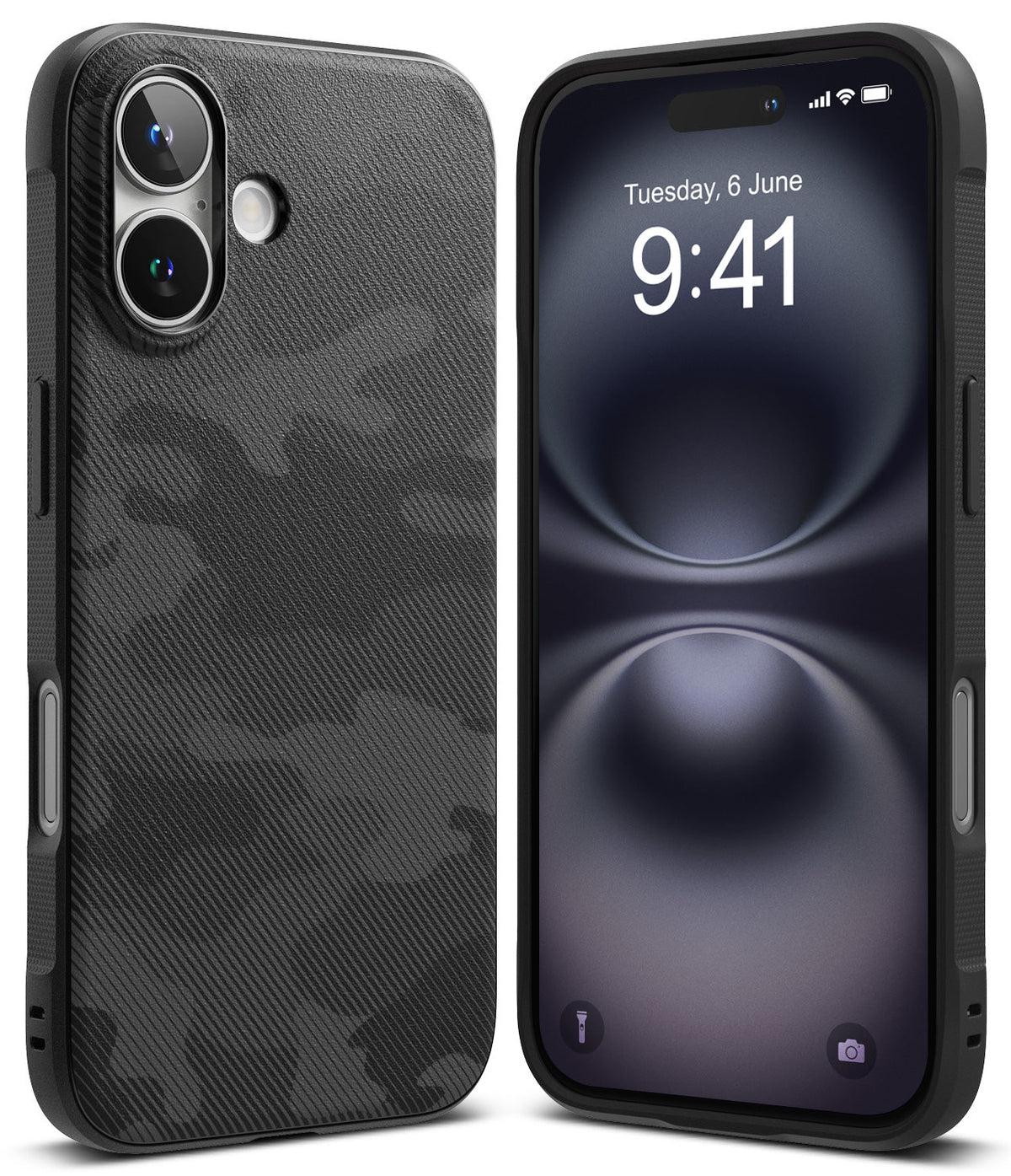 iPhone 16 Case | Onyx - Black textured camo phone case shown from back and front with a dark screen display.