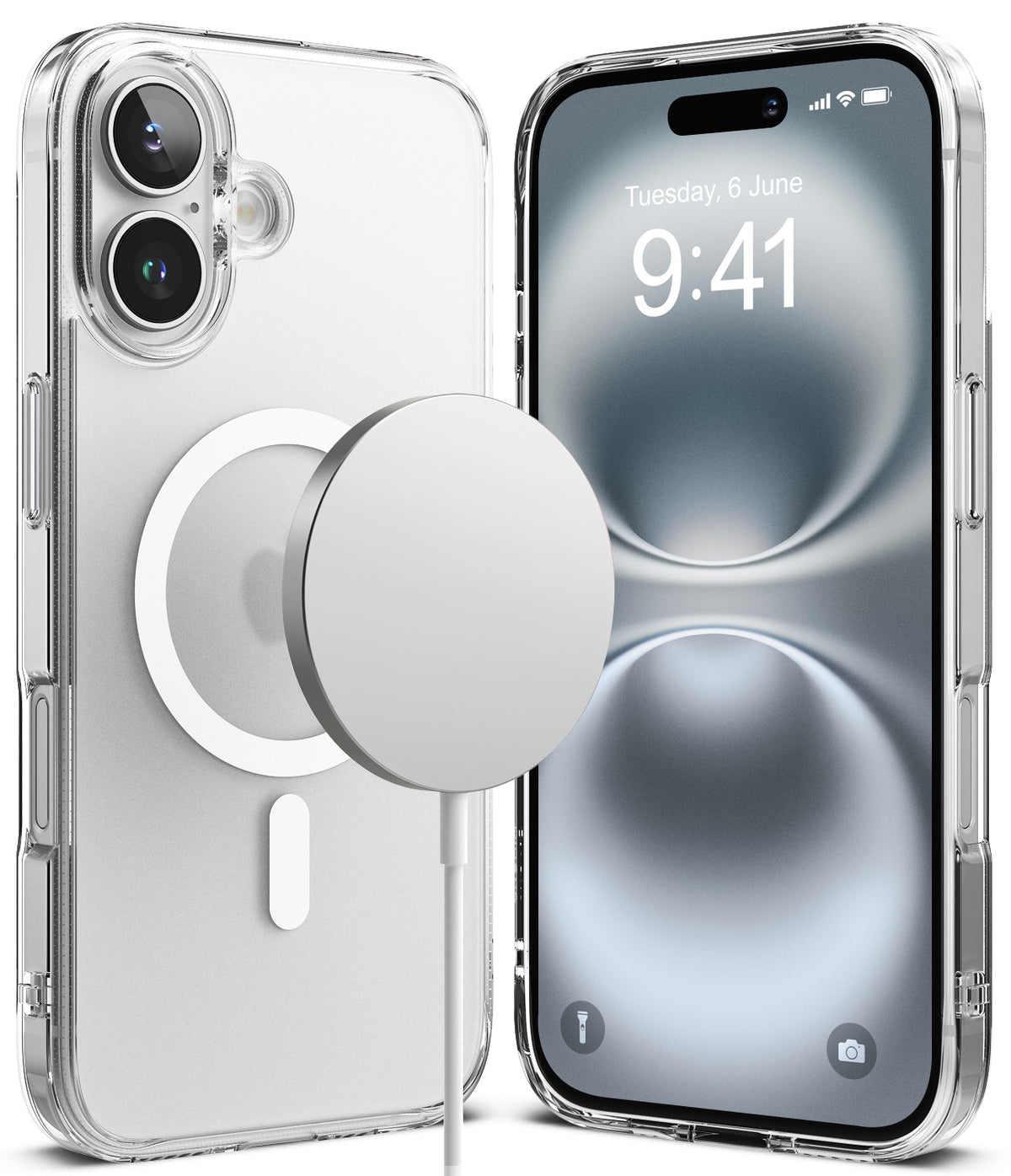 iPhone 16 Case | Fusion Magnetic Matte - Clear phone case with magnetic ring, showing front and back views with a charger.