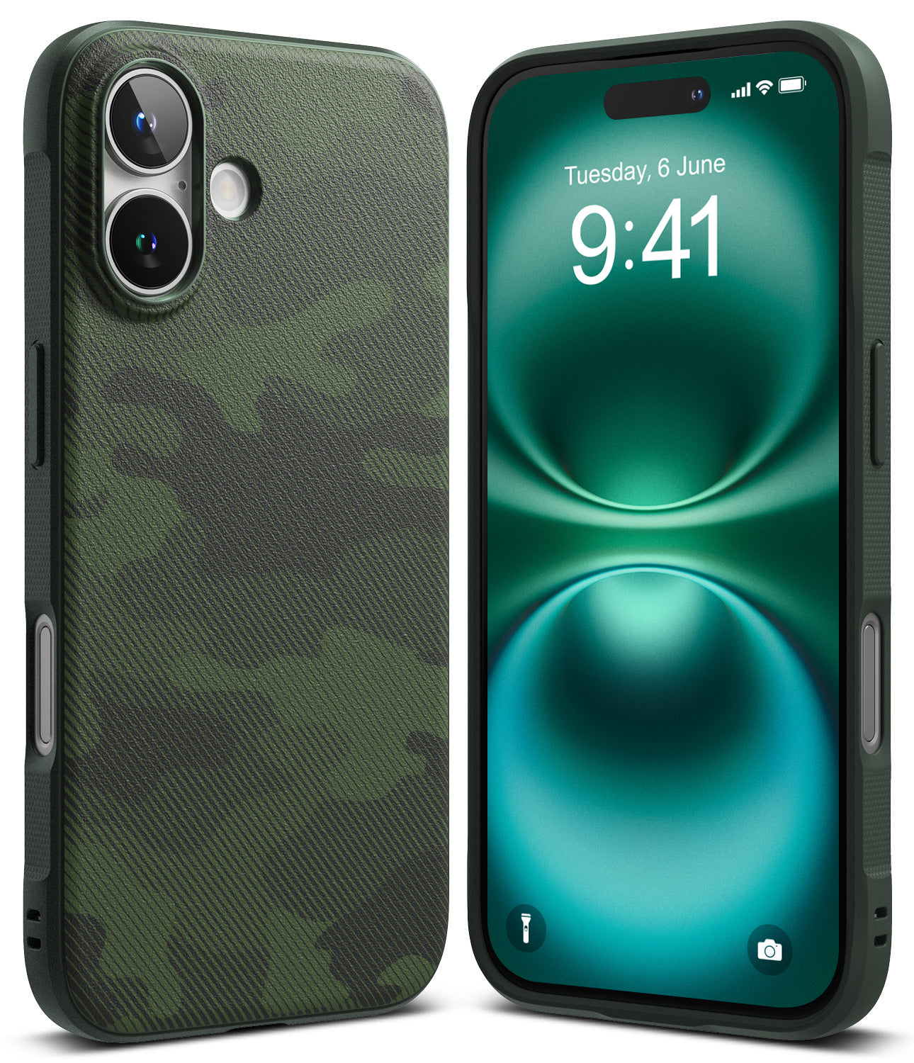 iPhone 16 Case | Onyx - Green camouflage textured phone case shown from back and front with a green digital clock display.