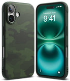 iPhone 16 Case | Onyx - Green camouflage textured phone case shown from back and front with a green digital clock display.
