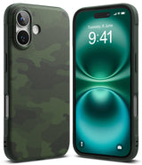 iPhone 16 Case | Onyx - Green camouflage textured phone case shown from back and front with a green digital clock display.